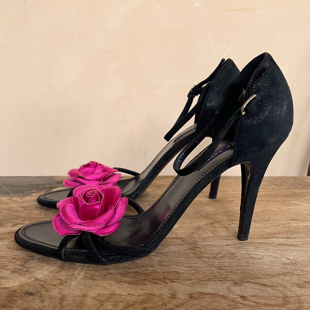 RALPH LAUREN COLLECTION Black Leather Heels Handmade Silk Rose 11B Italy NEW!!!
